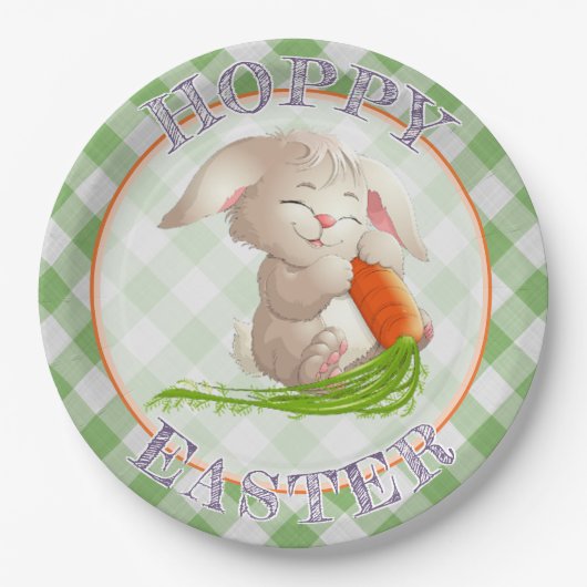Hoppy Happy Oaster Bunny Green Gingham Pattern Pappteller (Vorderseite)