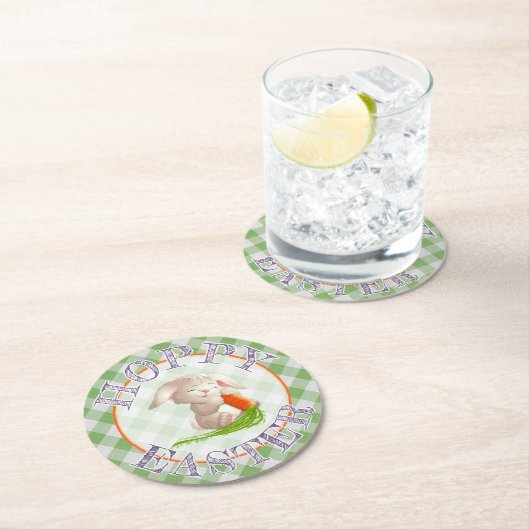 Hoppy Happy Oaster Bunny Green Gingham Pattern Runder Pappuntersetzer (Vor Ort)