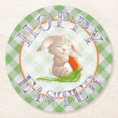 Hoppy Happy Oaster Bunny Green Gingham Pattern Runder Pappuntersetzer (Vorderseite)