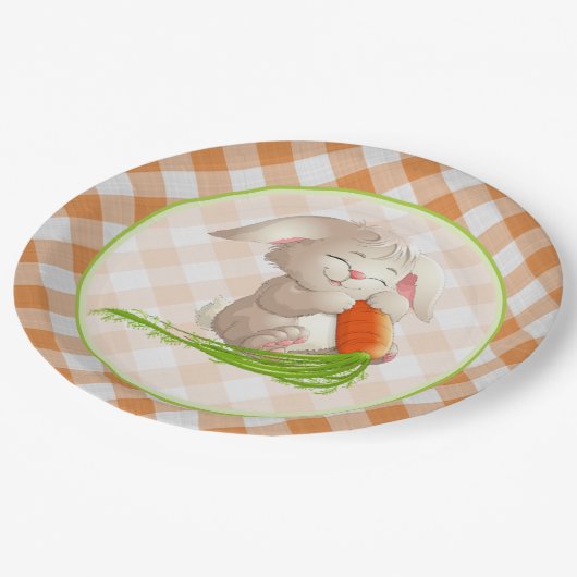 Hoppy Happy Oaster Bunny Orange Gingham Pattern Pappteller (Schrägansicht)