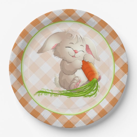 Hoppy Happy Oaster Bunny Orange Gingham Pattern Pappteller (Vorderseite)