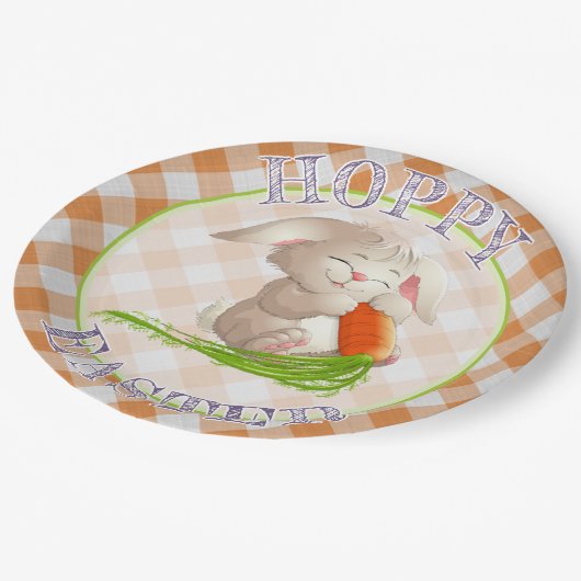 Hoppy Happy Oaster Bunny Orange Gingham Pattern Pappteller (Schrägansicht)