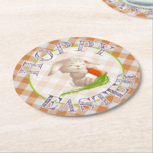 Hoppy Happy Oaster Bunny Orange Gingham Pattern Runder Pappuntersetzer