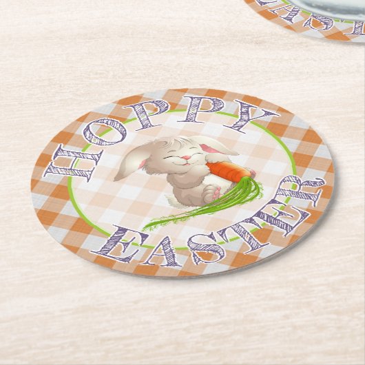 Hoppy Happy Oaster Bunny Orange Gingham Pattern Runder Pappuntersetzer (Angewinkelt)