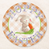 Hoppy Happy Oaster Bunny Orange Gingham Pattern Runder Pappuntersetzer (Vorderseite)