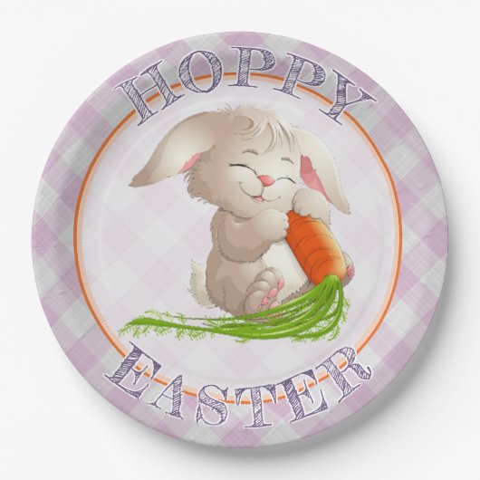 Hoppy Happy Oaster Bunny Pink Gingham Pattern Pappteller (Vorderseite)