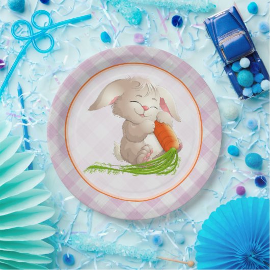 Hoppy Happy Oaster Bunny Pink Gingham Pattern Pappteller (Party)