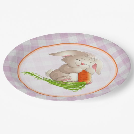 Hoppy Happy Oaster Bunny Pink Gingham Pattern Pappteller (Schrägansicht)