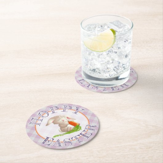 Hoppy Happy Oaster Bunny Pink Gingham Pattern Runder Pappuntersetzer (Vor Ort)