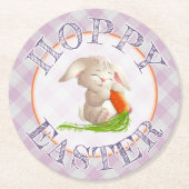 Hoppy Happy Oaster Bunny Pink Gingham Pattern Runder Pappuntersetzer (Vorderseite)