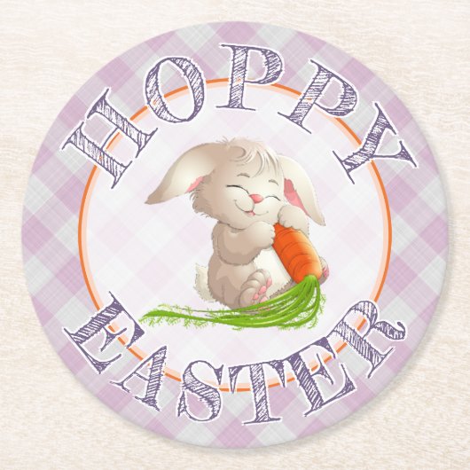 Hoppy Happy Oaster Bunny Pink Gingham Pattern Runder Pappuntersetzer (Vorderseite)