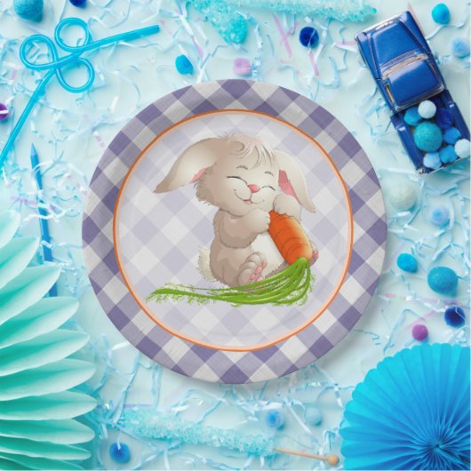 Hoppy Happy Oaster Bunny Violet Gingham Pattern Pappteller (Party)