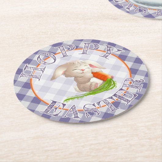 Hoppy Happy Oaster Bunny Violet Gingham Pattern Runder Pappuntersetzer (Angewinkelt)