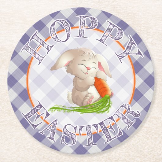 Hoppy Happy Oaster Bunny Violet Gingham Pattern Runder Pappuntersetzer (Vorderseite)