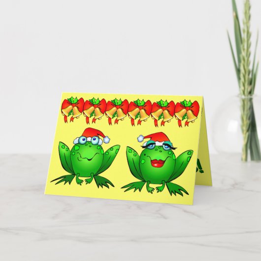 Hoppy Holidays Cartoon Frogs Weihnachtsmannmützen Feiertagskarte (Vorderseite)