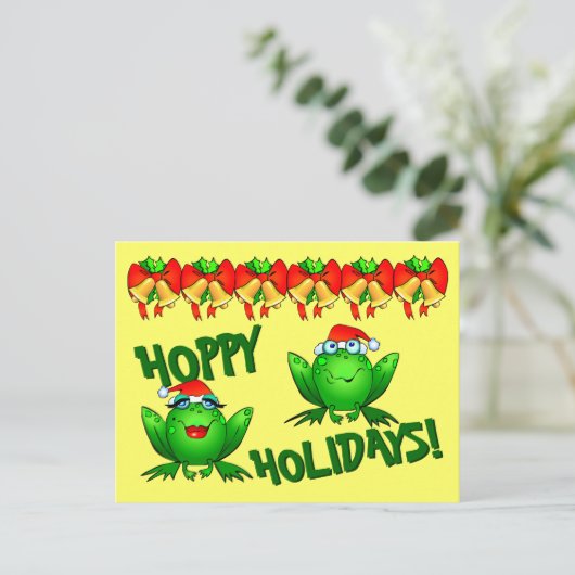 Hoppy Holidays Cartoon Weihnachtsfrosche Knollen Postkarte (Stehend Vorderseite)