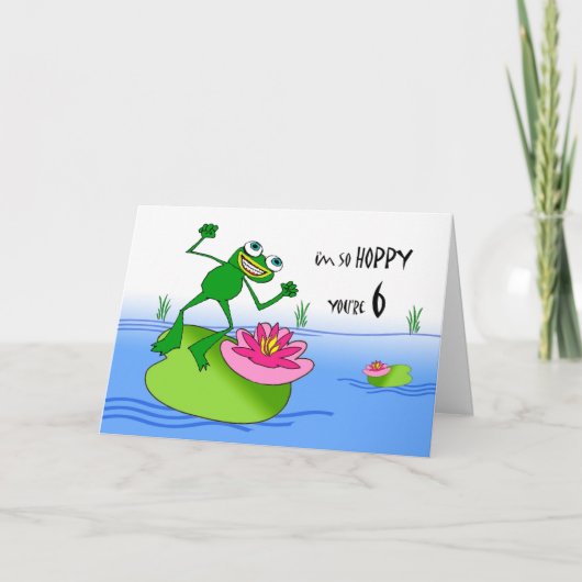 Hoppy Sechster Geburtstag, Funny Frog am Teich Karte (Vorderseite)