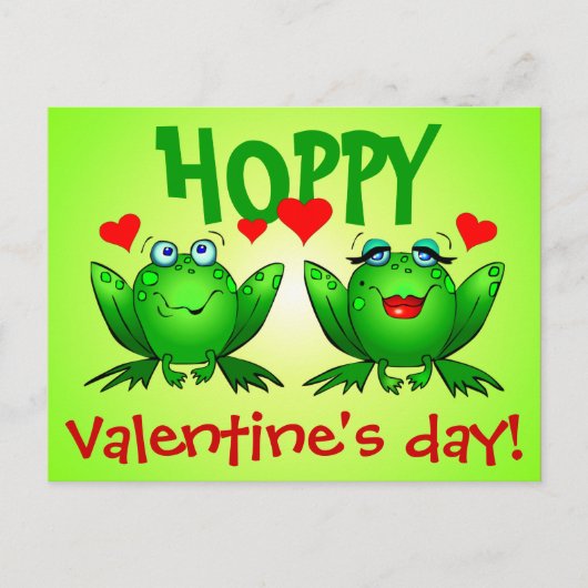 Hoppy Valentinstag Green Cartoon Frogs Postcard Feiertagspostkarte (Vorderseite)