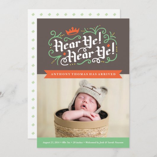 Hören Sie! Hören Sie! Geburtsankündigung in Kohle Ankündigung (Vorne/Hinten)