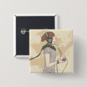 Hörende Musik der jungen Frau Button (Vorne & Hinten)