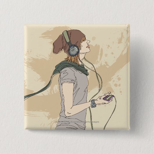 Hörende Musik der jungen Frau Button (Vorderseite)