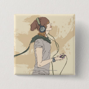 Hörende Musik der jungen Frau Button