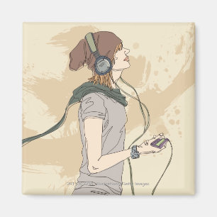 Hörende Musik der jungen Frau Magnet
