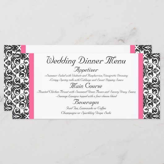 Horiz.Viktorianisch Fuchsia Pink und White Damask Menükarte (Vorne/Hinten)