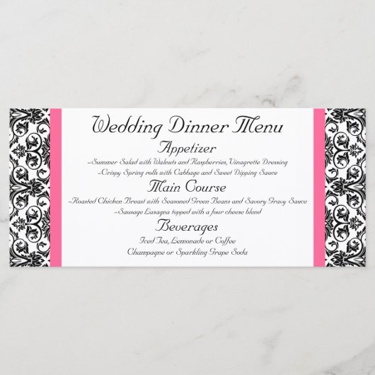 Horiz.Viktorianisch Fuchsia Pink und White Damask Menükarte (Vorderseite)