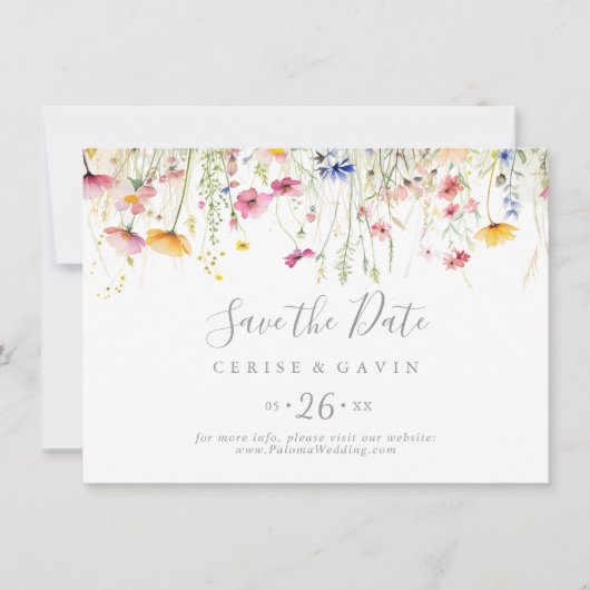 Horizontal-Hochzeit mit einer farbenfrohen Wildblu Save The Date (Vorderseite)