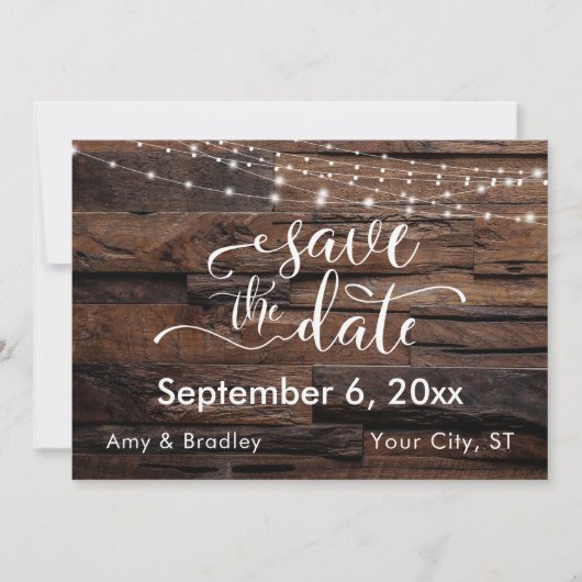 Horizontal rustikales Holz und Leuchten Save the D Date (Vorderseite)