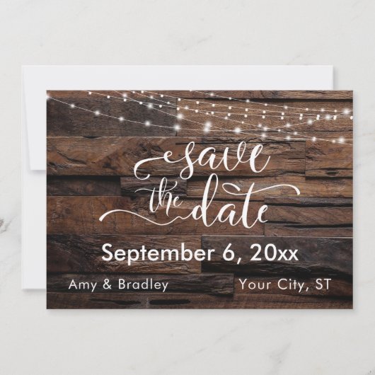 Horizontal rustikales Holz und Leuchten Save the D Save The Date (Vorderseite)
