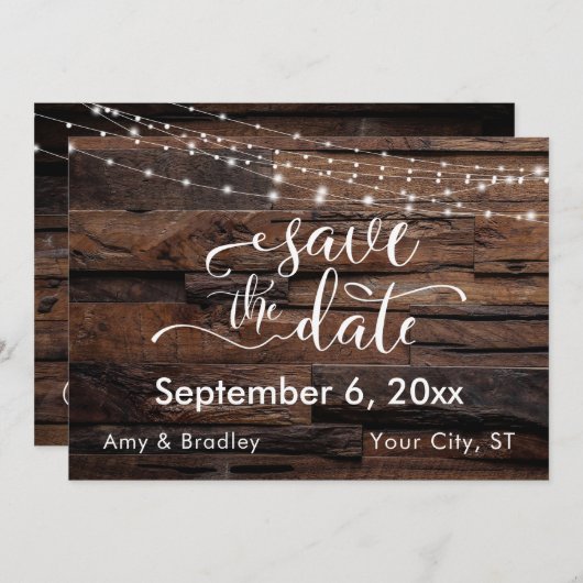 Horizontal rustikales Holz und Leuchten Save the D Save The Date (Vorne/Hinten)