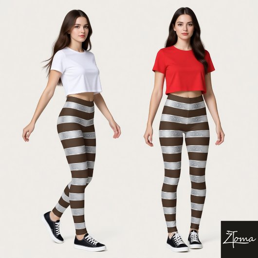 Horizontal Stripe Brown Silver Metallic Glossy Leggings