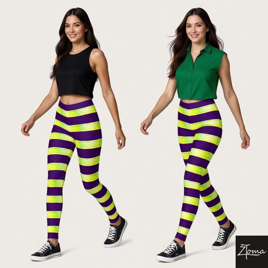Horizontal Stripe Purple Yellow Neon Glossy Leggings