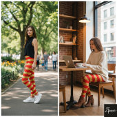 Horizontal Stripe Red Gold Metallic Glossy Leggings