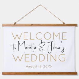 Horizontal White Gold Elegante Hochzeit Begrüßungs Wandteppich Mit Holzrahmen