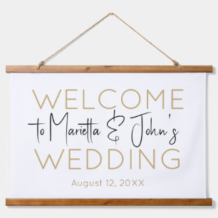 Horizontal White Gold Elegante Hochzeit Begrüßungs Wandteppich Mit Holzrahmen
