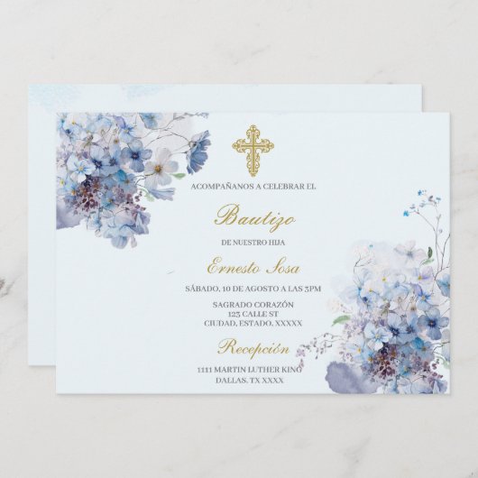 Horizontale blaue Blume Taufe Spanisch Einladung (Vorne/Hinten)