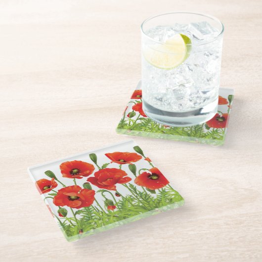 Horizontale Grenze mit roter Mohnblume Glasuntersetzer (Schrägansicht)