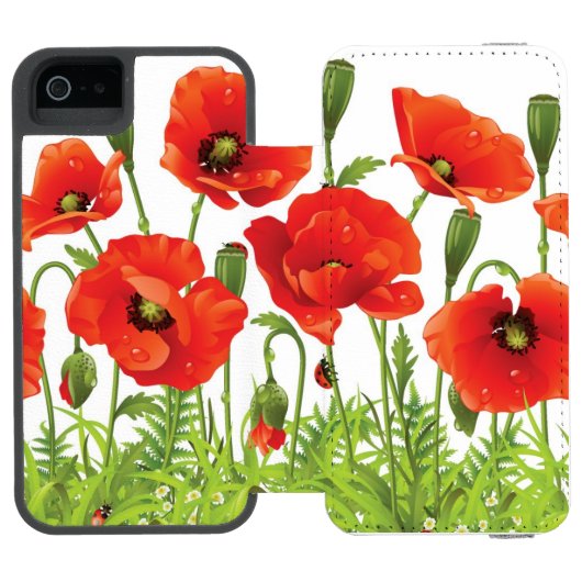 Horizontale Grenze mit roter Mohnblume Incipio iPhone Geldbeutel-Hülle (Folio Geöffnet)