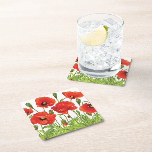 Horizontale Grenze mit roter Mohnblume Rechteckiger Pappuntersetzer (Vor Ort)