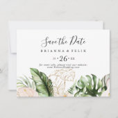 Horizontale Hochzeit in Gold Tropical Foliage Save The Date (Vorderseite)