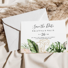 Horizontale Hochzeit in Gold Tropical Foliage Save The Date