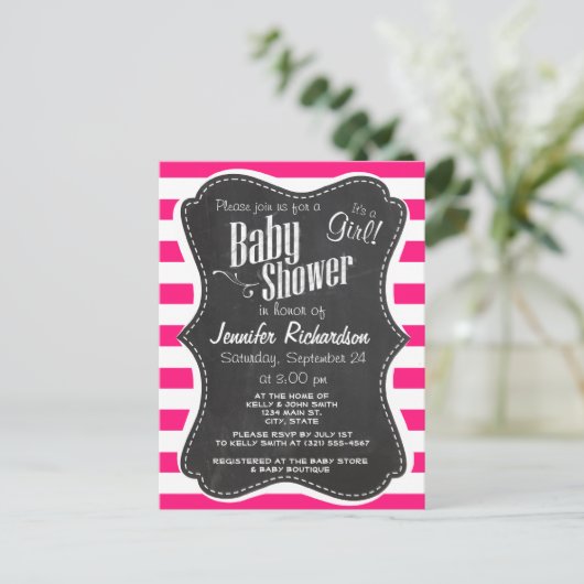 Horizontale Streifen in tiefrosa; Kopfbretmuster Einladungspostkarte (Stehend Vorderseite)