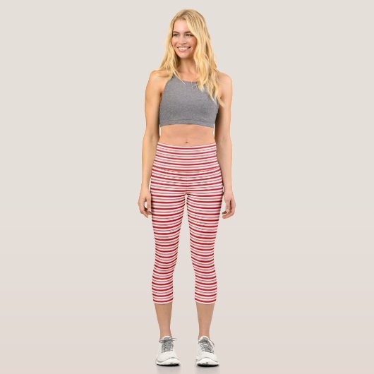 Horizontale Streifen rot und weiß Capri Leggings (Vorderseite)