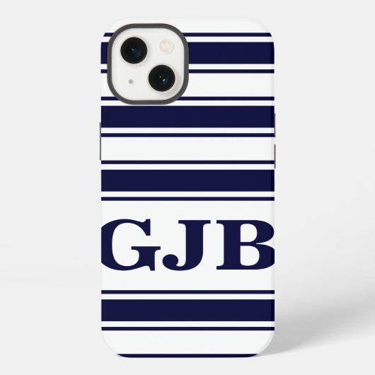 Horizontaler Navy-Streifen mit Monogramm iPhone Hülle (Rückseite)