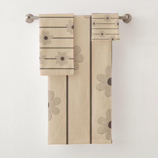 Horizontaler Streifen Brown Khaki Blume Y2K Muster Badhandtuch Set (Insitu)