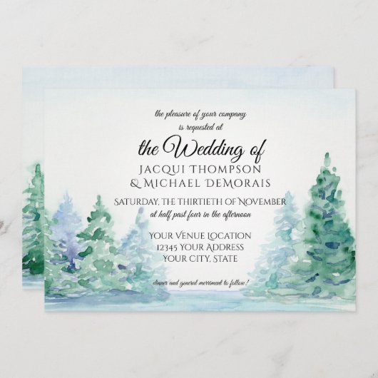 Horizontaler Wasserfarben Rustikaler Bergwaldsee Einladung (Vorne/Hinten)