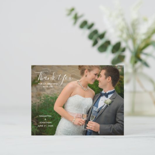 Horizontales Foto | Calligraphy Wedding Vielen Dan Einladungspostkarte (Stehend Vorderseite)